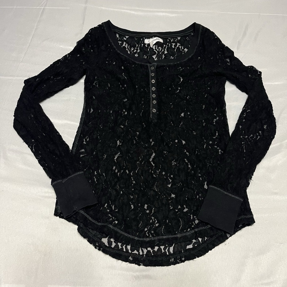 Y2K Aeropostale Henley Floral Lace Women's Small Black Long Sleeve Babydoll